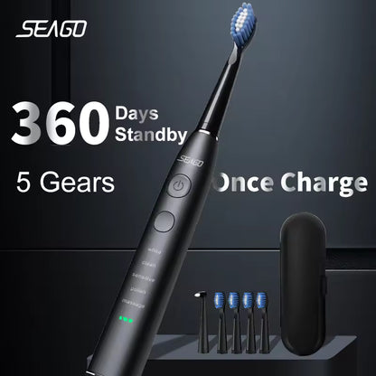 Seago SG-575 Sonic Toothbrush – 360-Day Battery, USB, 4 Heads + Case