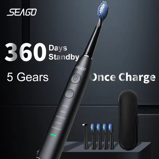 Seago SG-575 Sonic Toothbrush – 360-Day Battery, USB, 4 Heads + Case