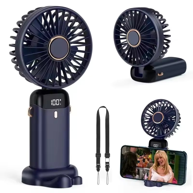 3000mAh Foldable Mini Fan – Neck Hanging, USB Rechargeable, 5-Speed